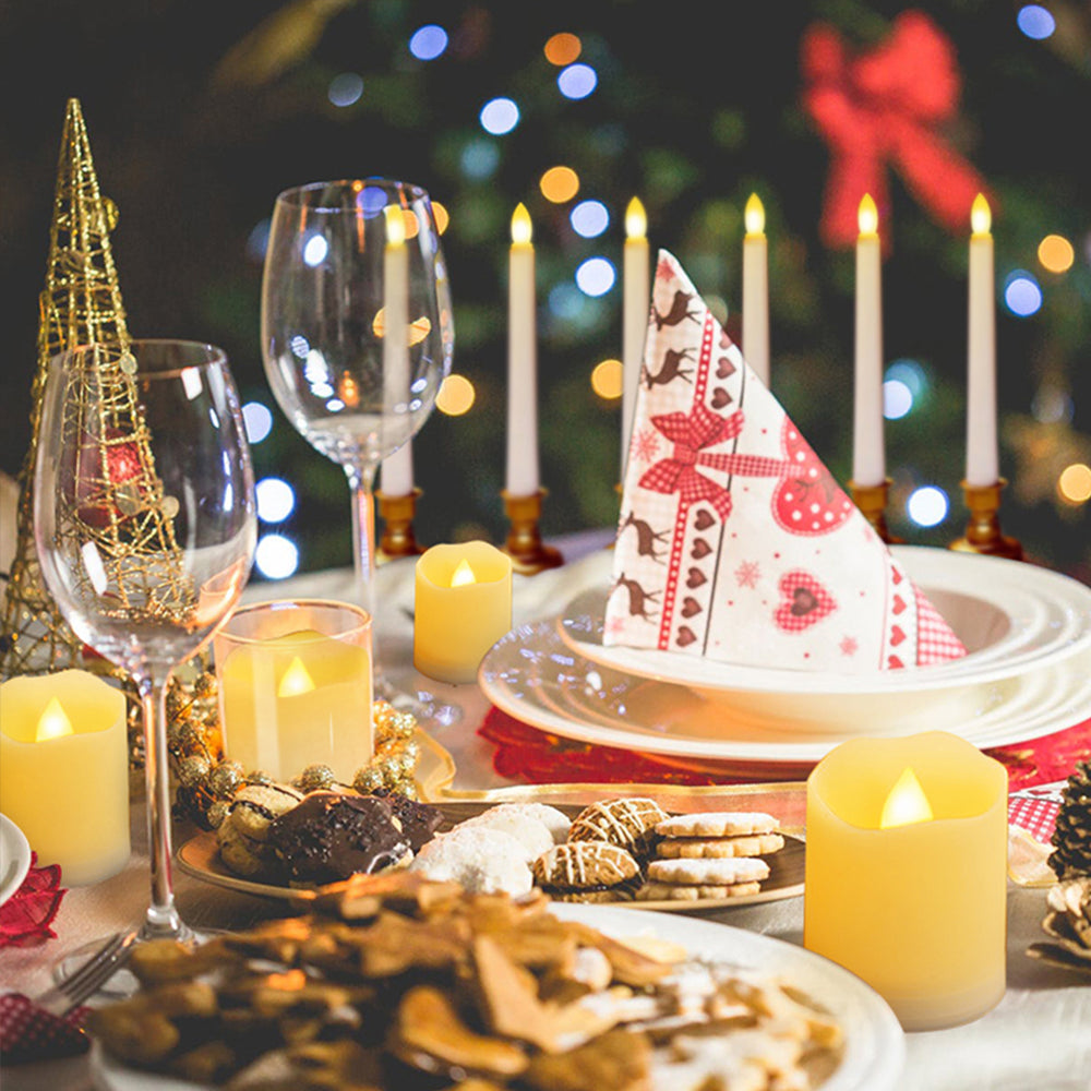 Sarja 6 lyhyttä vahaa liekettömästi välkkyvää LED-kynttilää