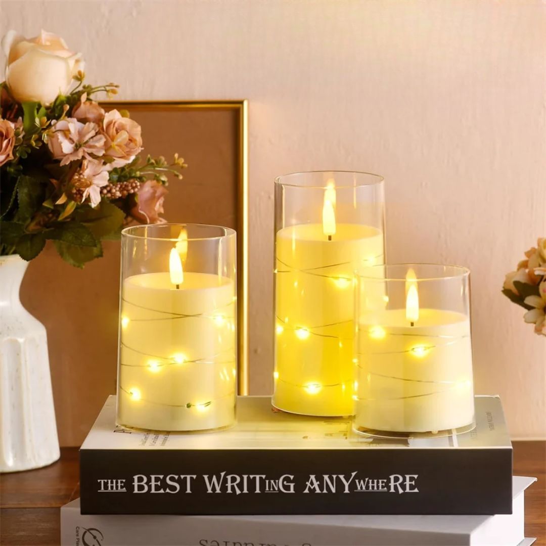 3 LED-lasikynttilän setti, jossa on kevyt koristelu