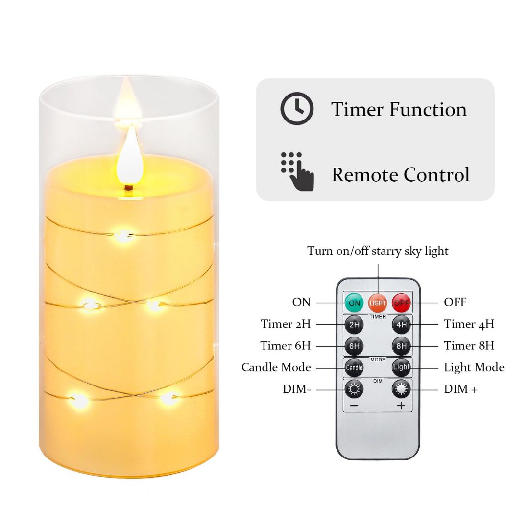 3 LED-lasikynttilän setti, jossa on kevyt koristelu