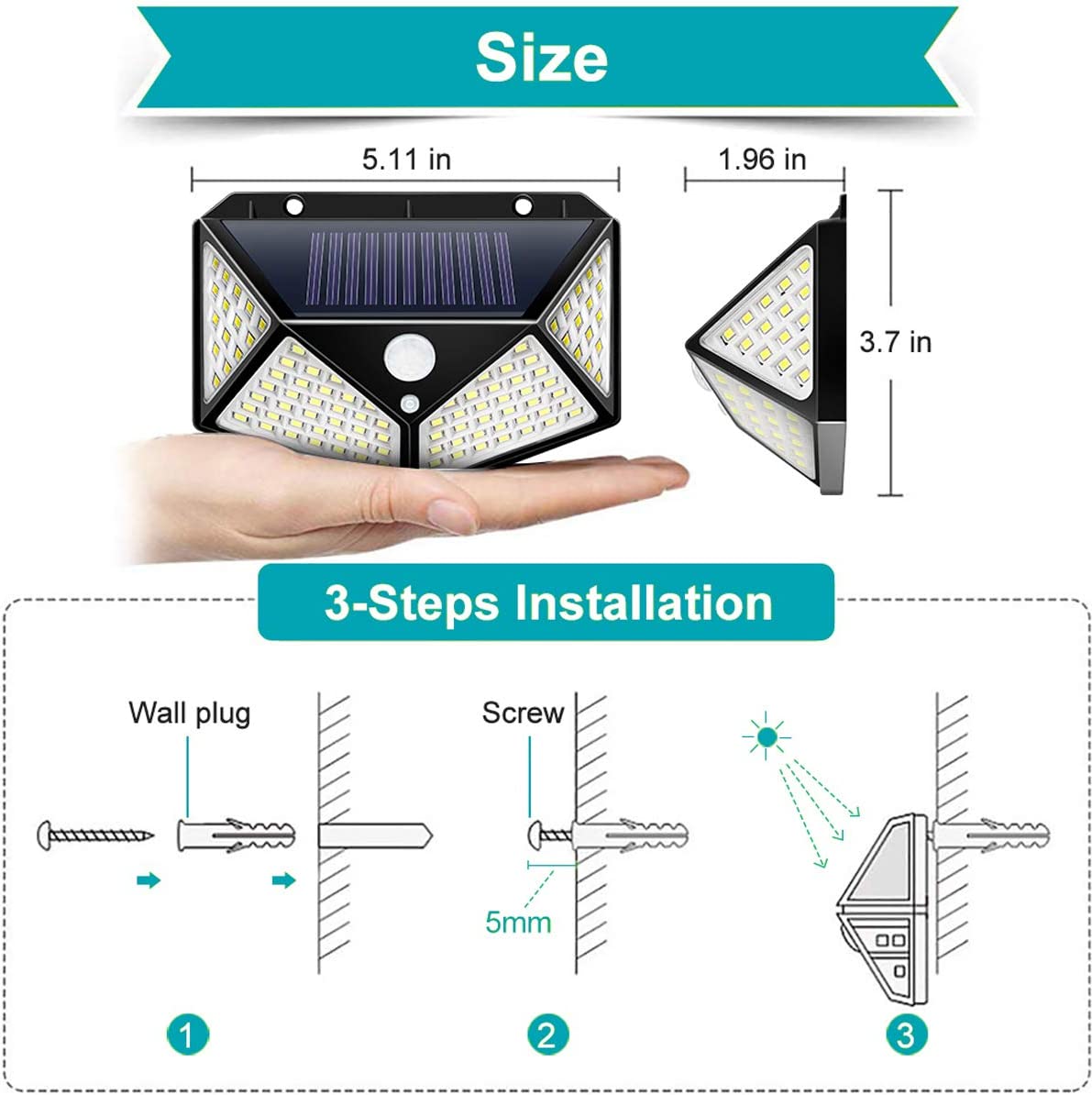 270 ° laajakulmainen aurinko PIR-liiketunnistinvalo