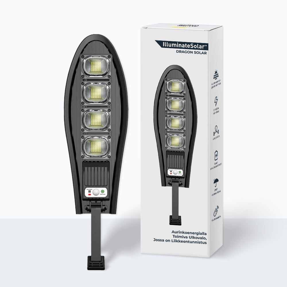 DragonSolar™- 600W aurinkoenergialla toimiva ulkovalaisin, jossa on liiketunnistin