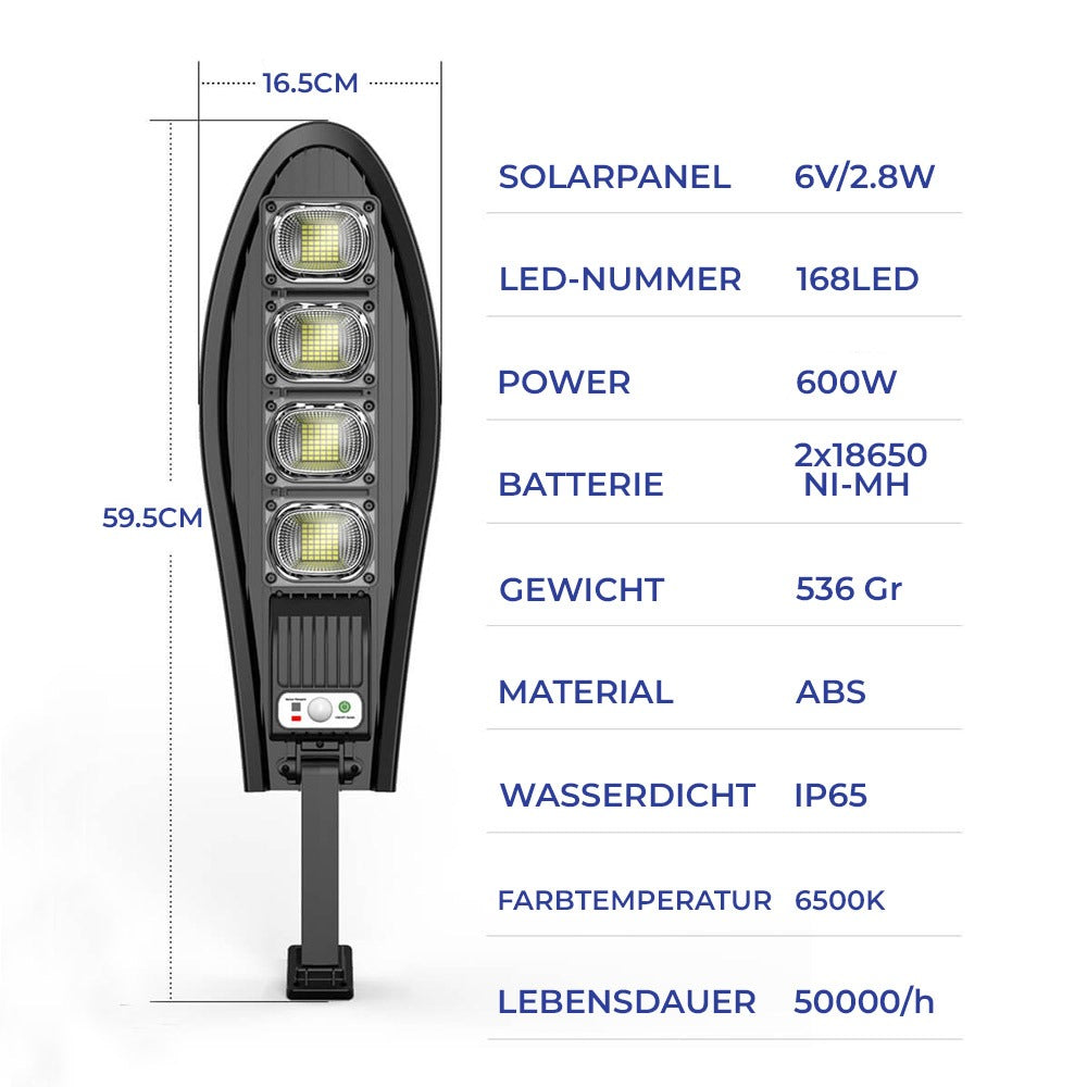 DragonSolar™- 600W aurinkoenergialla toimiva ulkovalaisin, jossa on liiketunnistin